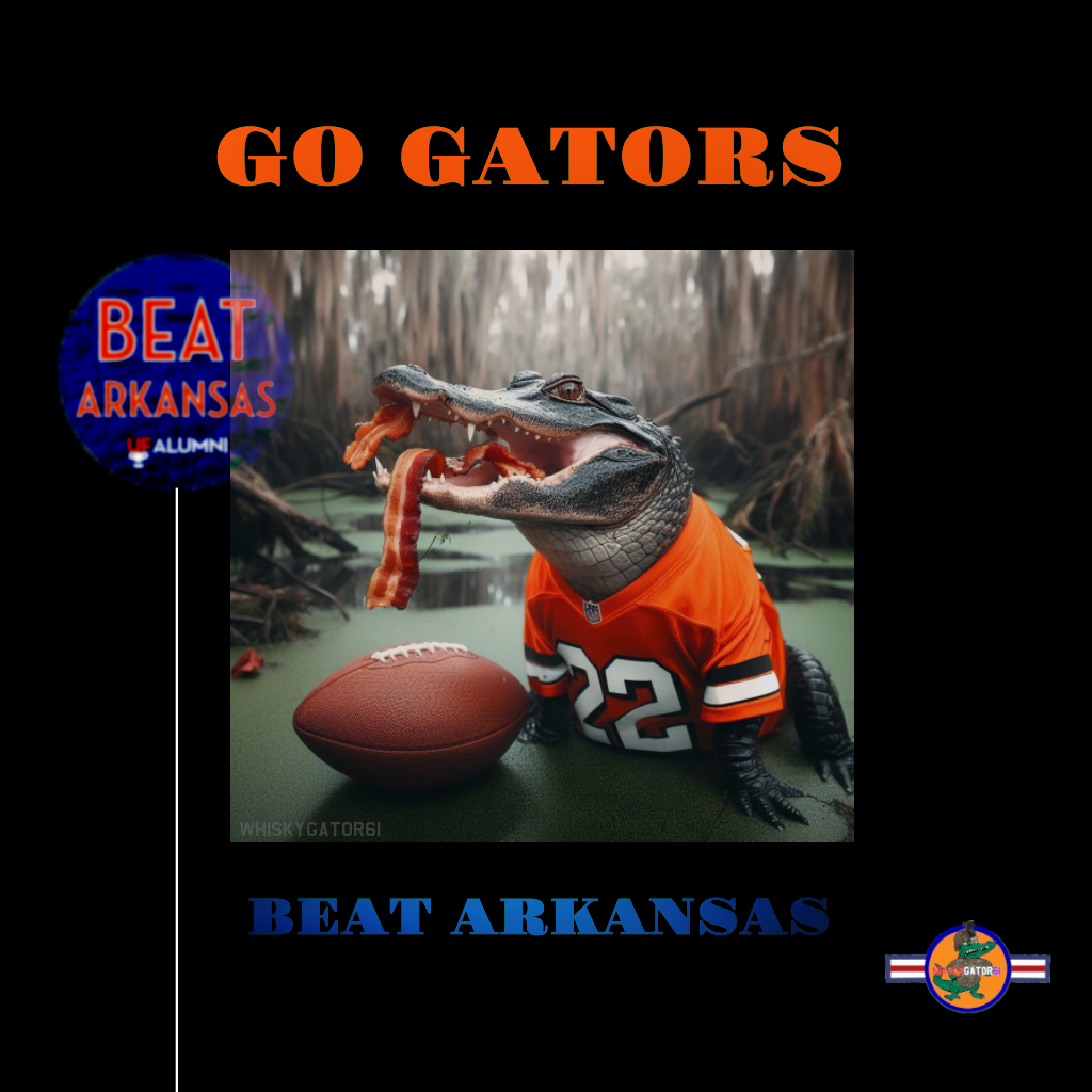Alligator wearing an orange football jersey eating bacon, swamp in the background.png